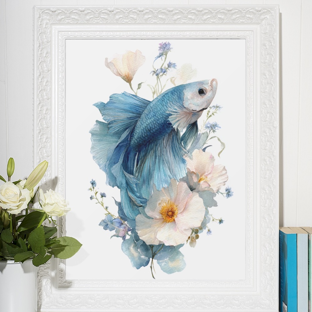 Watercolor Betta Fish with Flowers Wall Art Print Unframed - Enchanting Aquatic - Picture 6 of 6
